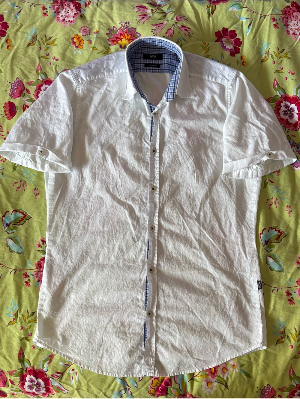 Boss by Hugo Boss blue plaid inner lined white button up S/S shirt Small 29x20